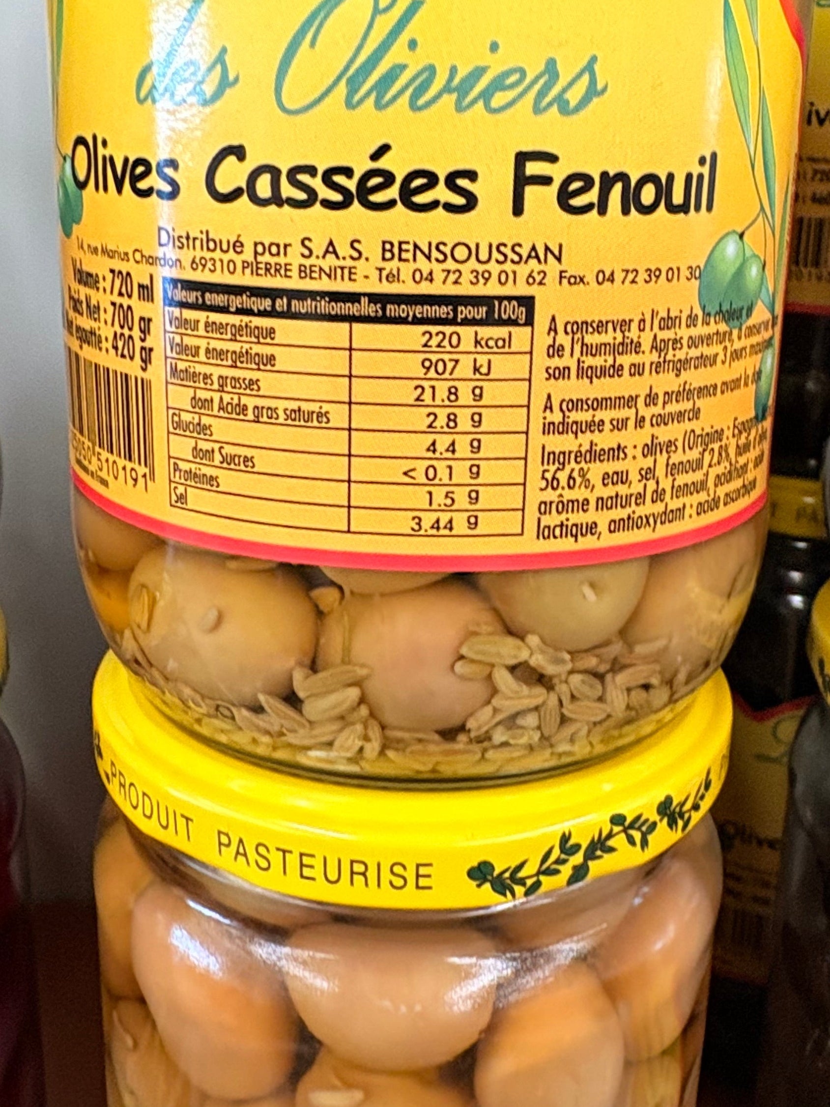 Olives cassées fenouil pot 420 grs net